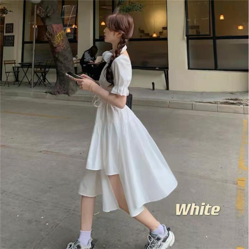 Summer Women&#39;s White Dress Elegant Vintage Kawaii Puff Sleeve Midi Dress Square Collar Bandage Sundress Goth Outfits  Robe